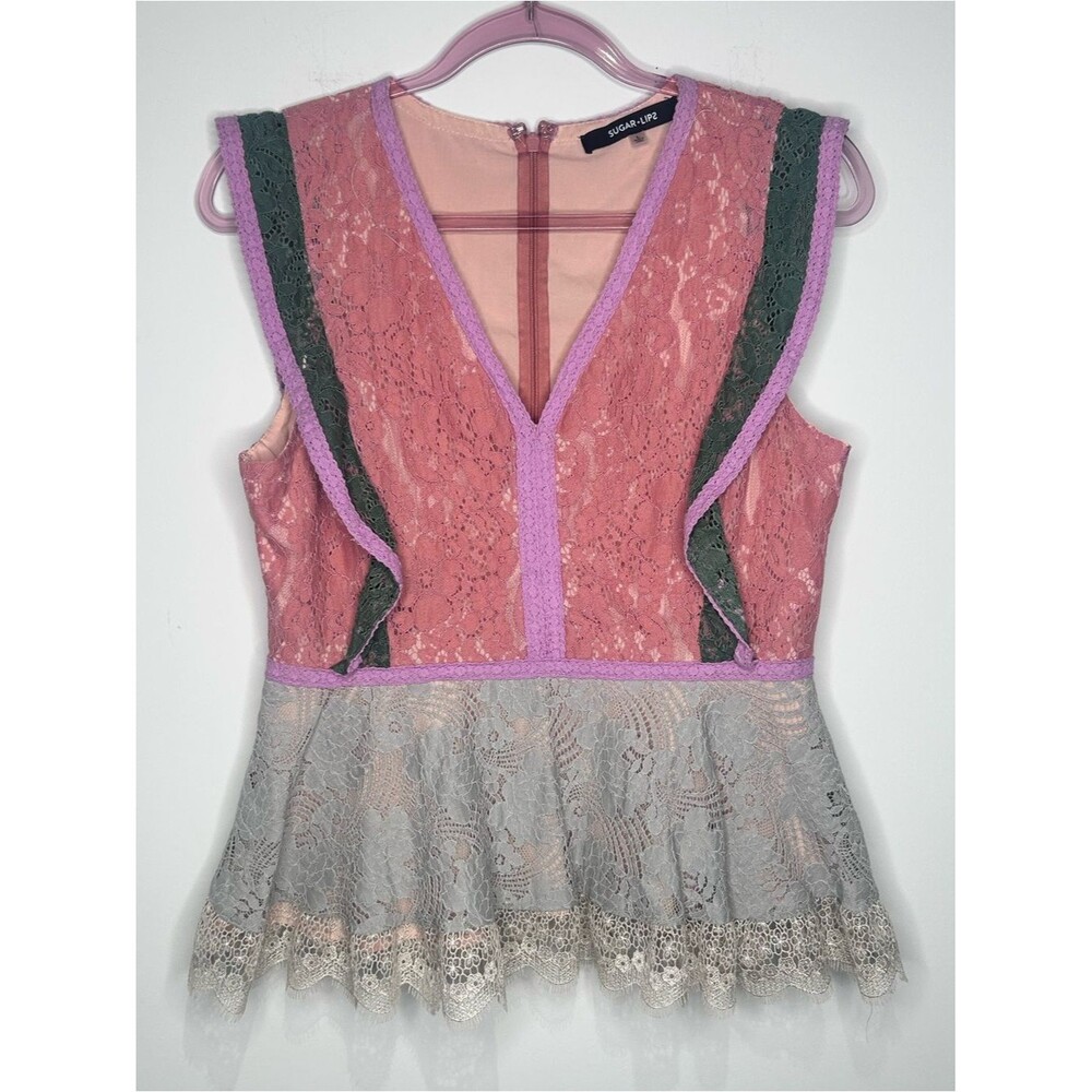 Sugar + Lips Colorblock Lace Peplum Top Blush Pink Sage Green Lavender Size L - Picture 2 of 8